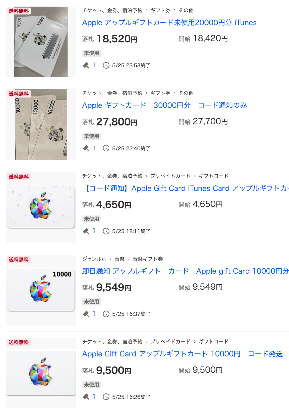 ヤフオク Appleギフトカード 出品 落札履歴 6月検証